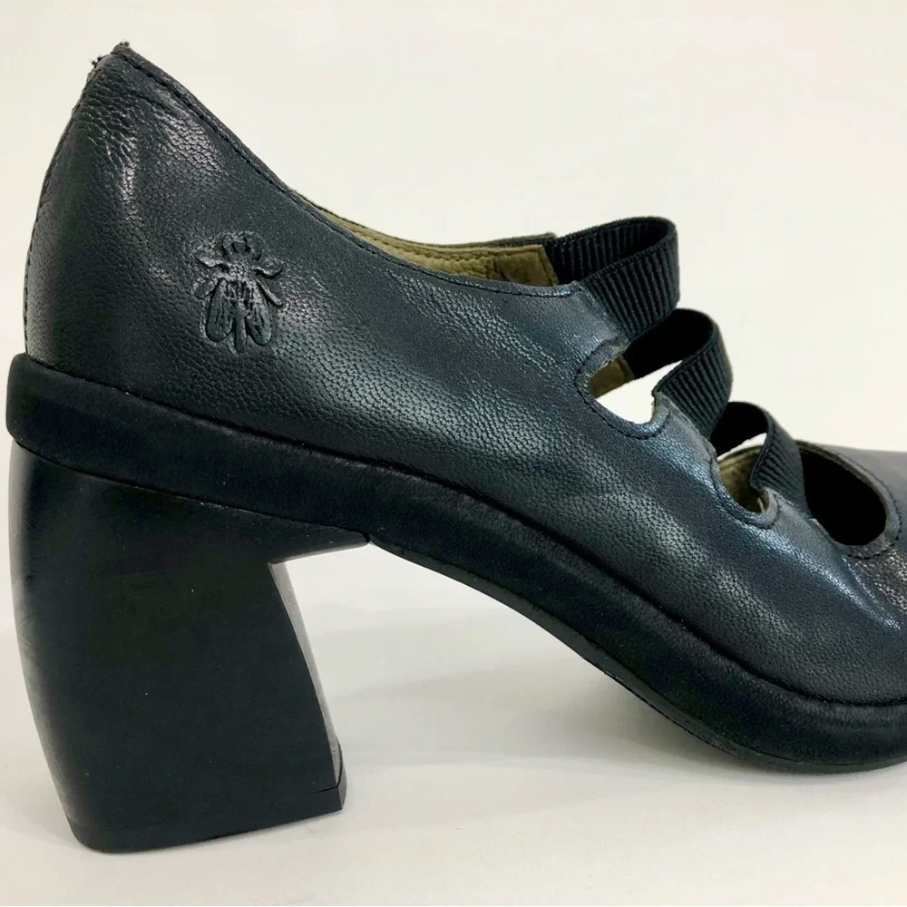 Fly London Black Heeled Shoes with Chunky Heel - Picture 7 of 7